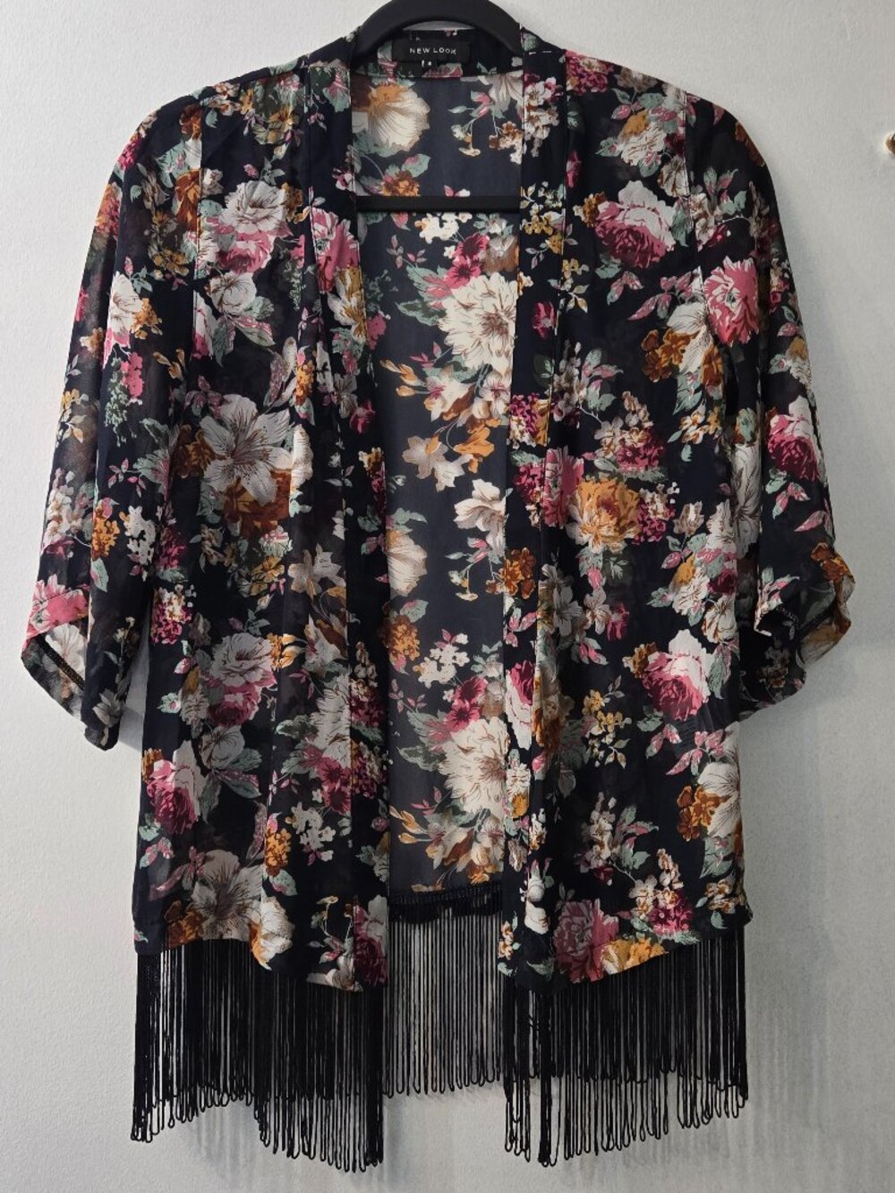 New Look Floral Kimono Size Small  Boho Sheer Cover Up Flowy Festival  Fringe